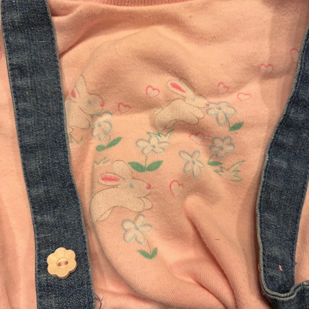 Little Miracles Girls Bunny Hop Denim Overall Bloomers and Pink Top Set 6/9M